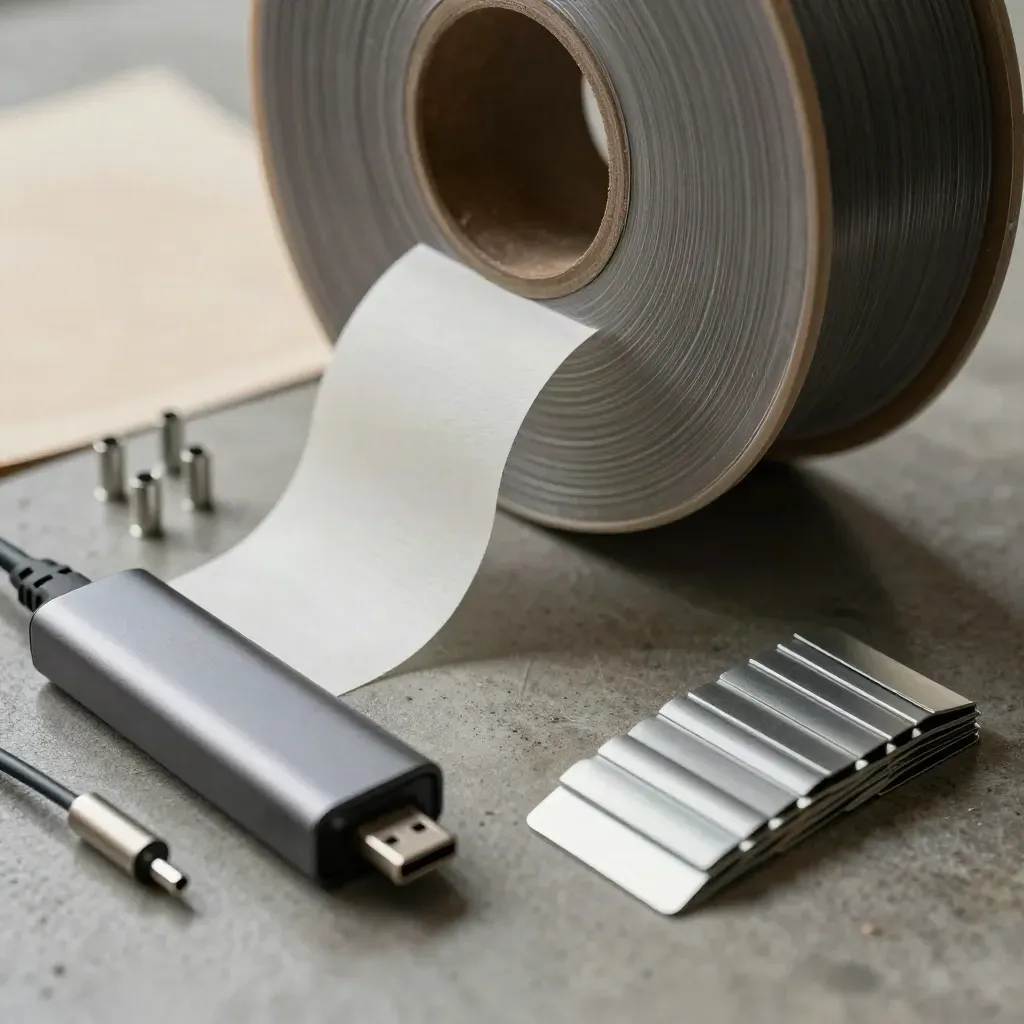Makro: szpula etykiet, końcówki kabli, hub USB-C i aluminiowe tabliczki na grafitowym metalu.