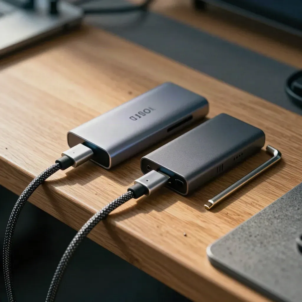 Zbliżenie aluminiowego huba USB-C, kabli w oplocie, dysku SSD i zestawu kluczy imbusowych.